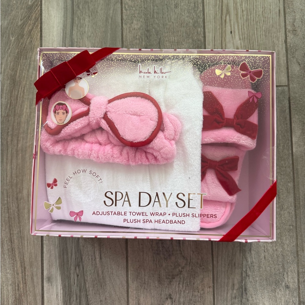 Nicole Miller Pink Spa Day Set -  Plush Headband, Towel Wrap & Slippers